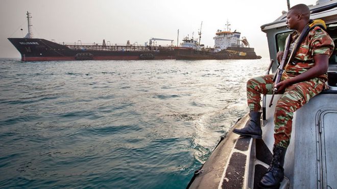 The Benin navy's anti-piracy team on patrol in the Bight of Benin in the Gulf of Guinea.