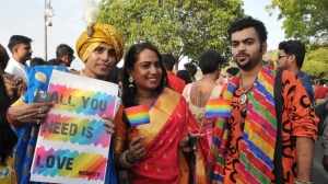 Transgender activist and actor Kalki Subramaniam along with other LGBT community members during central India's first Gay Pride parade taken out to mark the International Day Against Homophobia and Transphobia on May 17, 2017, in Bhopal, India. (Mujeeb Faruqui/Hindustan Times via Getty Images)